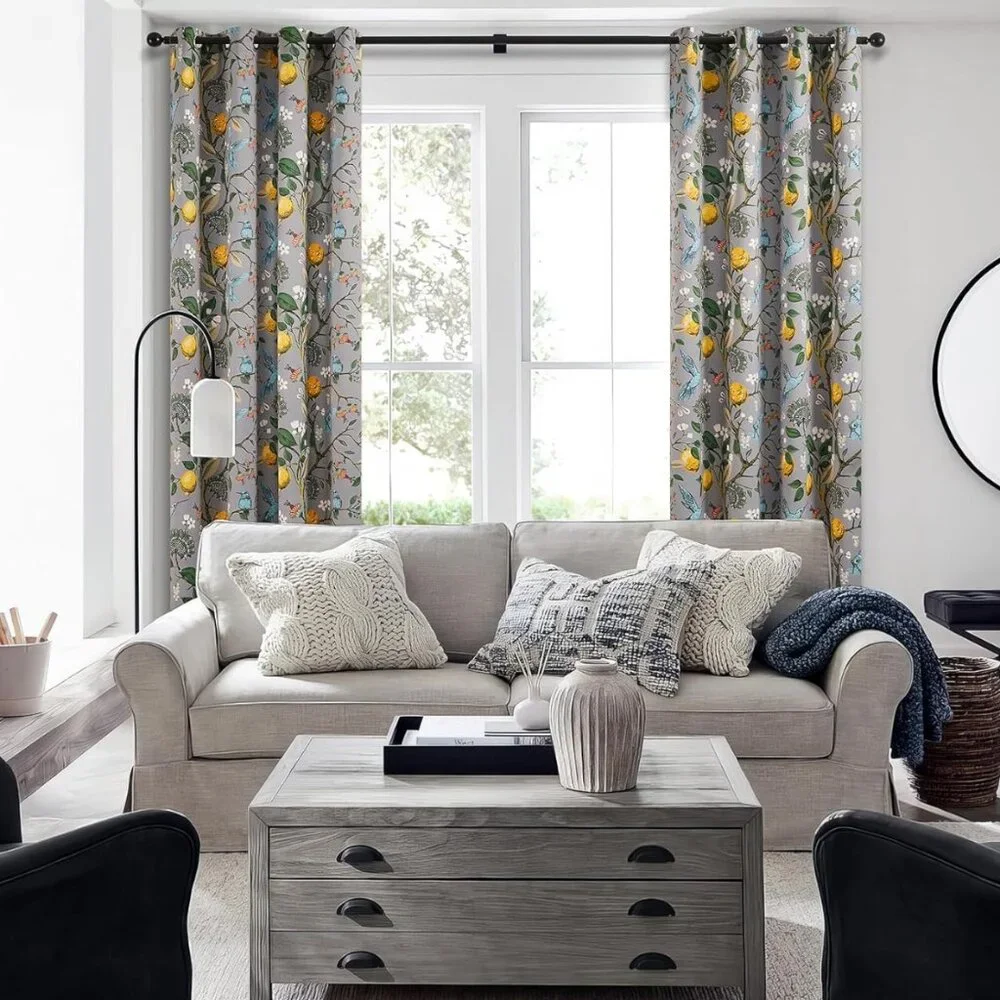 Floral Lemon Hummingbird Curtains Patterned Waverly Mid-Century Style